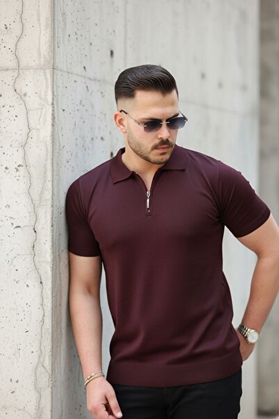 comstar Men's Half Zipper Basic Tight Claret Red Polo Neck T-Shirt