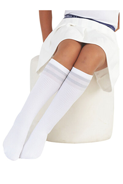 Denokids Girl's Knee-Length Silver Glitter Striped White Socks