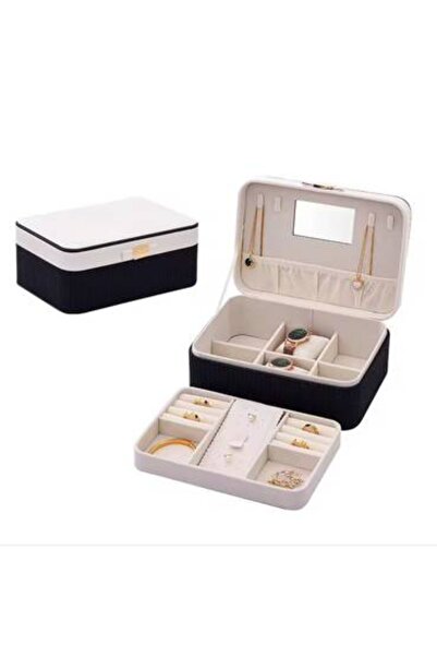 bity thok Elegant black and white jewelry box with a double compartment and interior mirror.