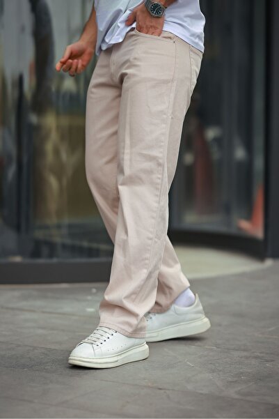 comstar Men's Wide Leg Basic High Waist Cream Baggy Trousers