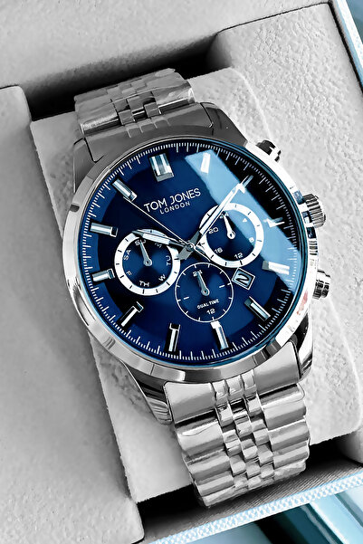 Tom Jones ساعة يد رجالية أصلية 3 Atm مقاومة للماء باللون الفضي وسوار فولاذي G...