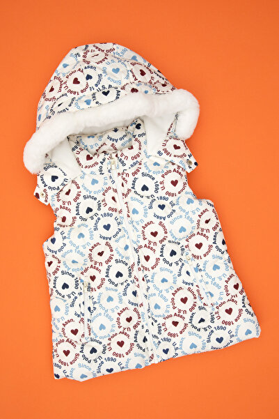 U.S. Polo Assn. Girl's Cream Heart Patterned Hooded Puffer Vest 50313176-Vr256