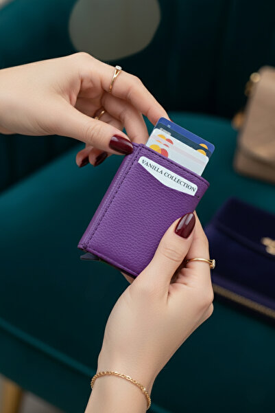 VANİLLA Otomatik Mekanizmalı Deri Cüzdan Kartlık Portföy Mor Renk