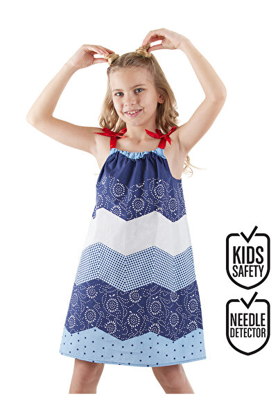 Denokids Navy Blue and White Patterned Poplin Girl's Dress