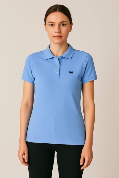 comstar Women's Short Sleeve Summer Basic Blue Polo Neck T-Shirt