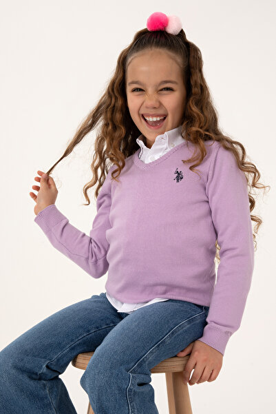 U.S. Polo Assn. سترة أساسية للفتيات باللون الأرجواني الفاتح وياقة على شكل حرف...