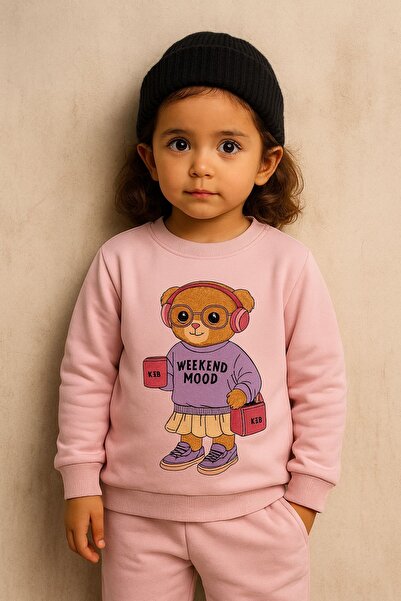 Katia&Bony Girl's Teddy Patterned Tracksuit Set Pink