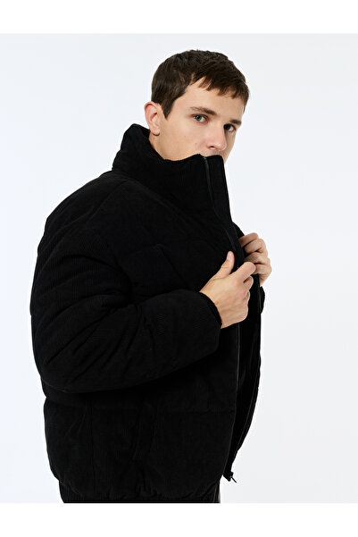 Koton Dik Yaka Uzun Kollu Cep Detaylı Fermuarlı Fitilli Kadife Kışlık Şişme Mont