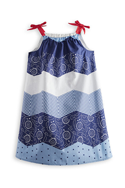 Denokids Navy Blue and White Patterned Poplin Girl's Dress