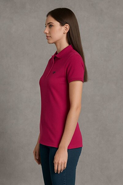 comstar Women's Short Sleeve Summer Basic Fuchsia Polo Neck T-Shirt