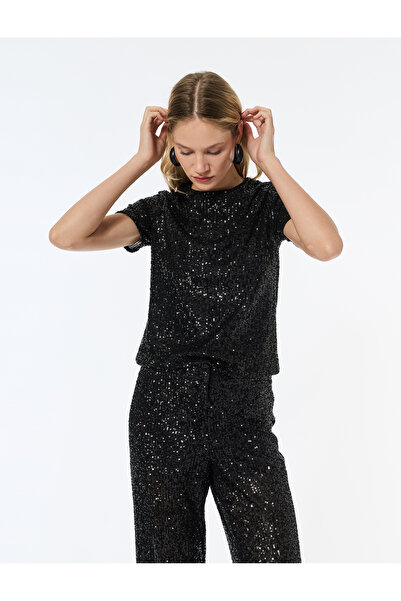 Koton Βραδινό φόρεμα με κοντό μανίκι με παγιέτες και παγιέτες