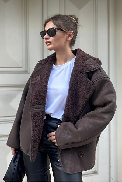 moda armanc Γυναικείο δερμάτινο παλτό O oversized Suede με επένδυση από γούνα - Χειμερινό μπουφάν με βελούδινη επένδυση