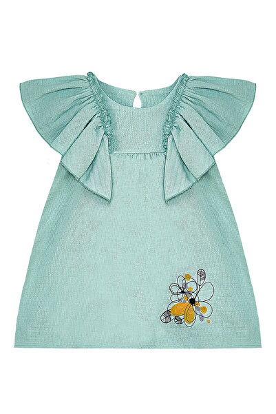 Denokids Green Muslin Frilly Floral Patterned Baby Girl Summer Dress