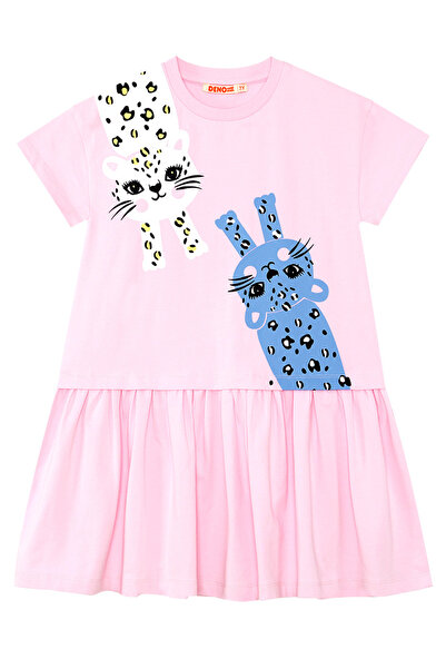 Denokids Pink Leopard Patterned Girl's Summer Combed Cotton Dress - Gathered Skirt