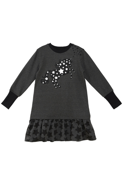 MSHB&G Unicorn Print Starry - dívčí zimní antracitové šaty, dlouhý rukáv a volány