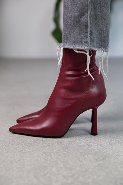 Cochines Burgundy Stretch Boots Women's Thin Stiletto Heel Zippered Comfortable Daily Heeled Boots