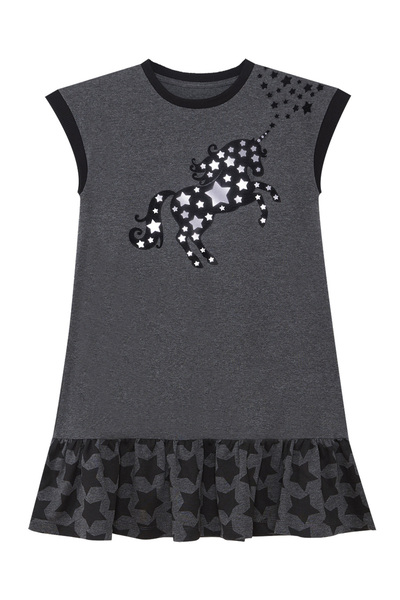 MSHB&G Unicorn Patterned Starry Gray Girl's Summer Dress - Ruffled