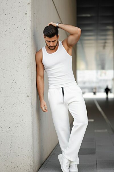 comstar Men's Wide Leg Elastic Waist White Sweatpants