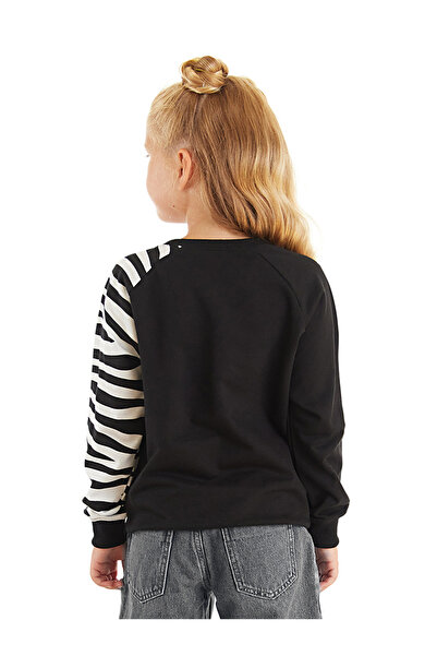 Denokids Zebra Patterned Girl's Black Long Sleeve Ruffle Sweatshirt