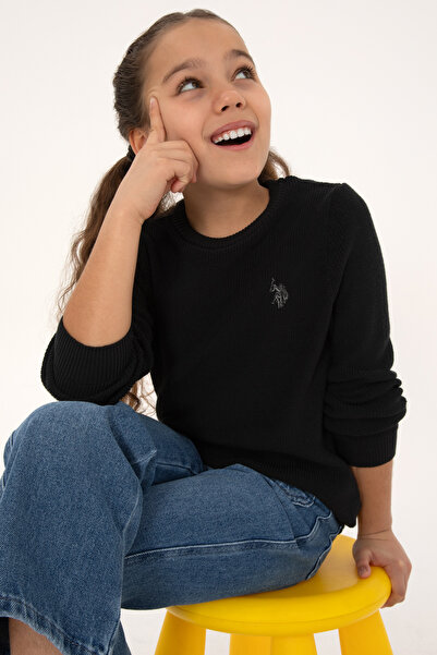 U.S. Polo Assn. Girl's Black Crew Neck Basic Sweater 50316842-Vr046