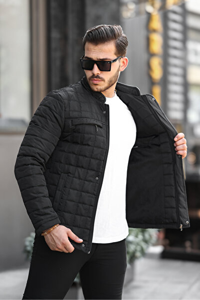 Mero Life Černá pánská bunda Puffer - chlupatá, vodoodpudivá, větruodolná prošívaná