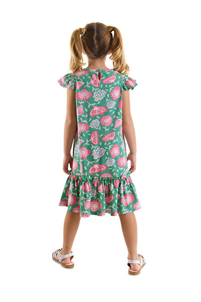 Denokids Green Ruffled Pink Floral Patterned Girl's Summer Dress