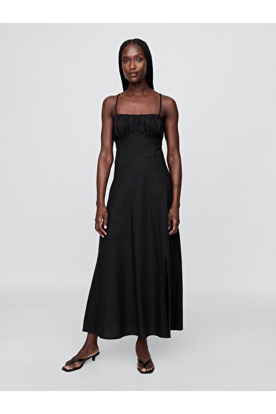 GAP Kadın Siyah Linen Karışımlı Büzgülü Maxi Elbise