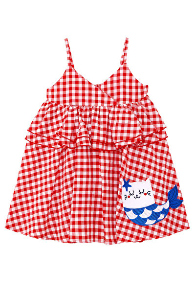Denokids Cat Girl's Red Plaid Ruffle Strap Dress