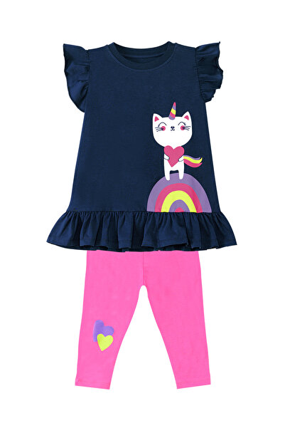 Denokids Unicorn Patterned Navy Blue and Pink Girl's Summer Set - Frilly T-shirt and Leggings