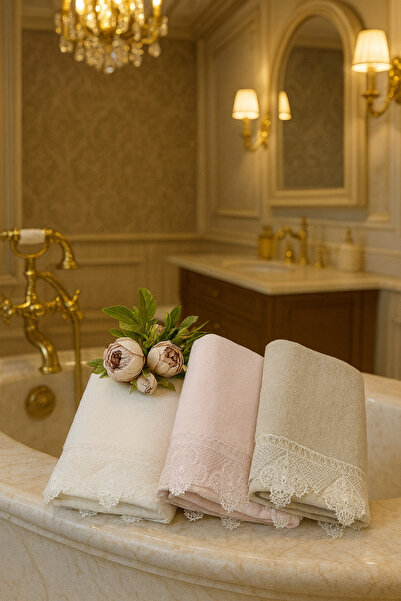 Çeyiz Bahçesi طقم مناشف يد و وجه مخملية مطرزة بإبرة عثمانية مكونة من 3 قطع 50/90 سم