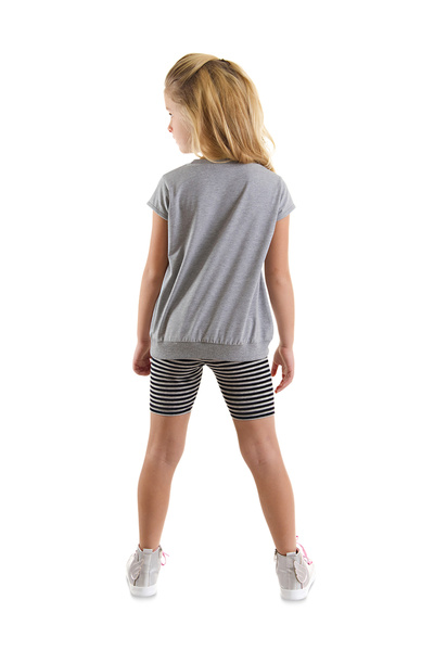 Denokids Unicorn Patterned Gray Black Striped Girl's Summer T-shirt and Leggings Set