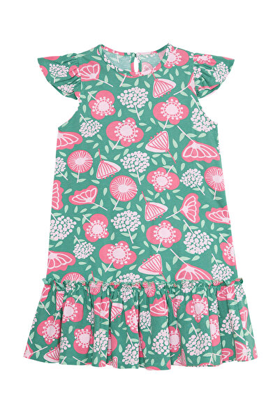 Denokids Green Ruffled Pink Floral Patterned Girl's Summer Dress