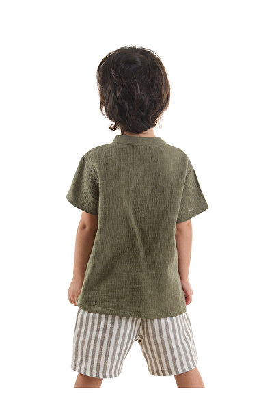 Denokids Baby Boy Green Muslin Striped Shorts and Shirt Set