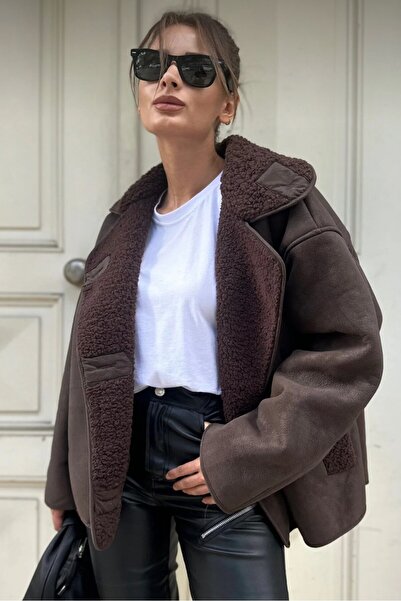 moda armanc Γυναικείο δερμάτινο παλτό O oversized Suede με επένδυση από γούνα - Χειμερινό μπουφάν με βελούδινη επένδυση