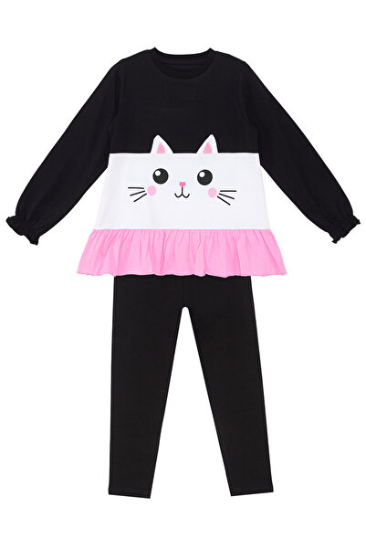 Denokids WhiTe CaT PaTTerned Frilly T-shirt and TighTs SeT for Girls