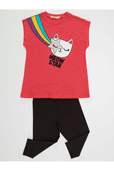 MSHB&G Girl's Black Star Cat T-Shirt and Tights Set