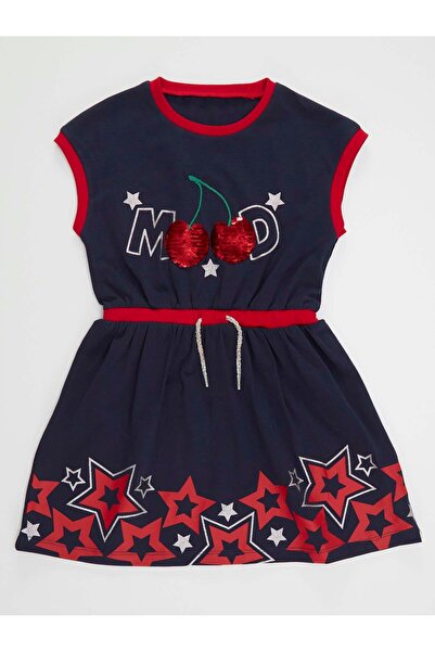 MSHB&G Girl's Navy Blue Summer Dress - Elastic Waist, Sequins and Cherry Cotton
