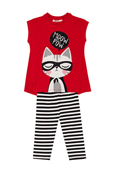 MSHB&G Red Meow Pow Striped Girl's Summer T-Shirt Tights Set