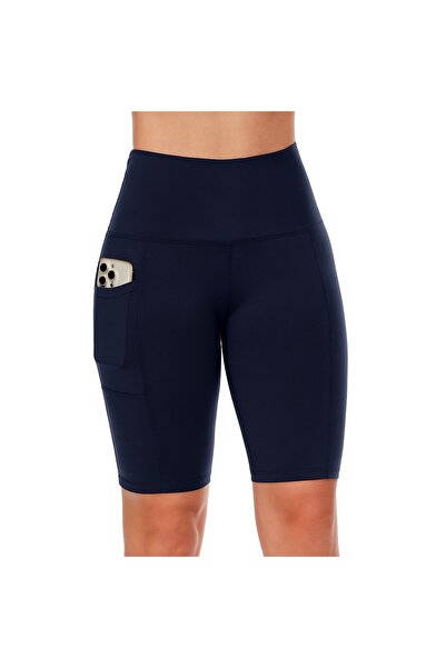 Vitra World Biker Shorts Women With Pockets 8" High Waisted Workout Spandex Tummy Control Gym Running Yoga Blue