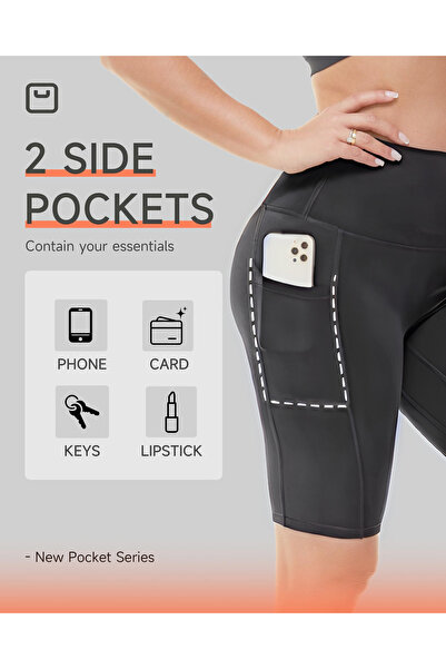 Vitra World Biker Shorts Women With Pockets 8" High Waisted Workout Spandex Tummy Control Gym Running Yoga Grey