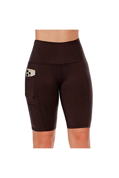 Vitra World Biker Shorts Women With Pockets 8" High Waisted Workout Spandex Tummy Control Gym Running Yoga Brown