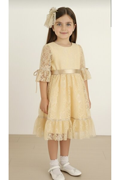 Şenkız Kız Çocuk Tokalı Dantelli Prenses Model Elbise Bayramlık Doğum Günü Pa...