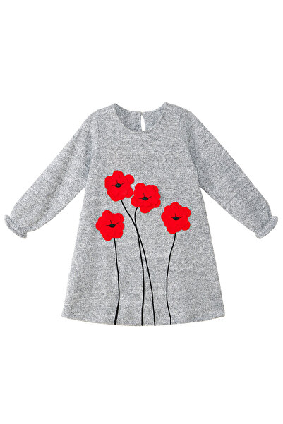 MSHB&G Dívčí šedý vzor květů máku - elastické šaty s dlouhým rukávem