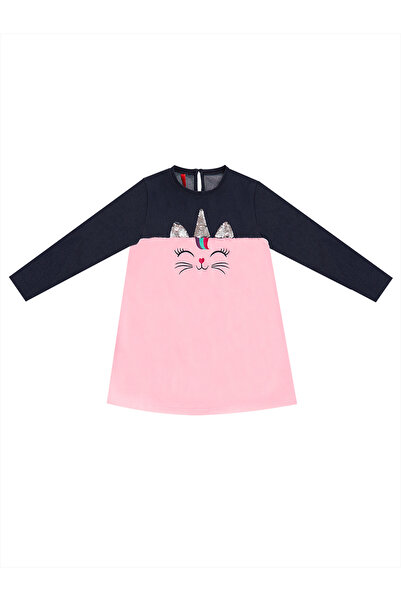 Denokids Pink Sequined Catcorn Girl's Long Sleeve Dress