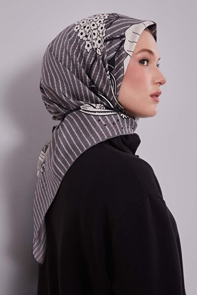 Levidor Gray Lily Flower Pattern Twill Silk Scarf