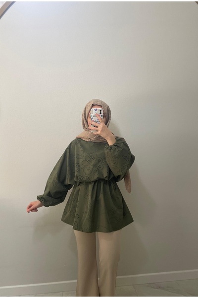 FZV BUTİK Haki Brode Oversize Tunik