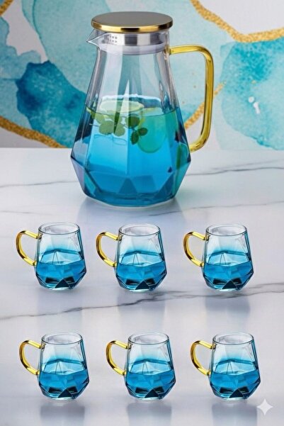 Senin Dükkanın Lüx 7 Parça  Borosilikat  Mavi Gökyüzü Sürahi & Bardak Seti