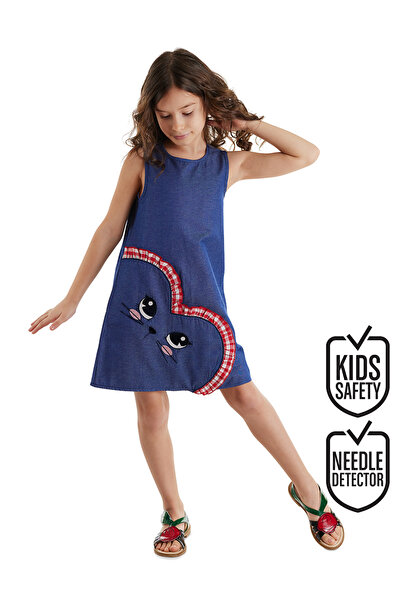 Denokids Girl's Navy Blue Woven Summer Dress - Cat Love Pattern