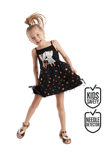 Denokids Dívčí večerní šaty s černým tylem a hvězdným tutu načechraným ramínkem