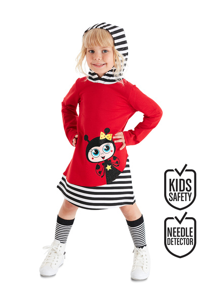 Denokids Ladybug Hooded Striped Long Sleeve Girls' Red Dress